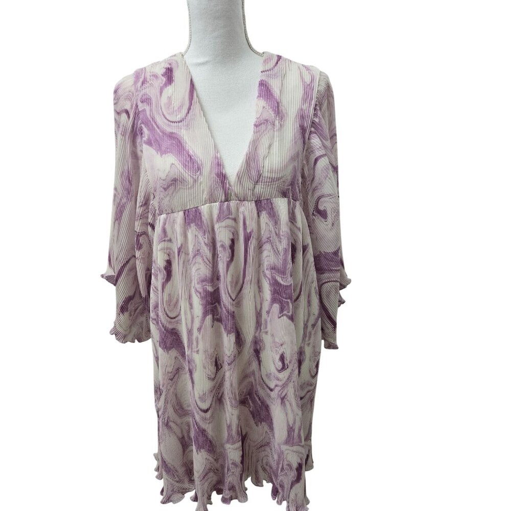 Ganni Pleated Mini Dress Womens S/M Purple White Swirl‎ V-neck Georgette Summer